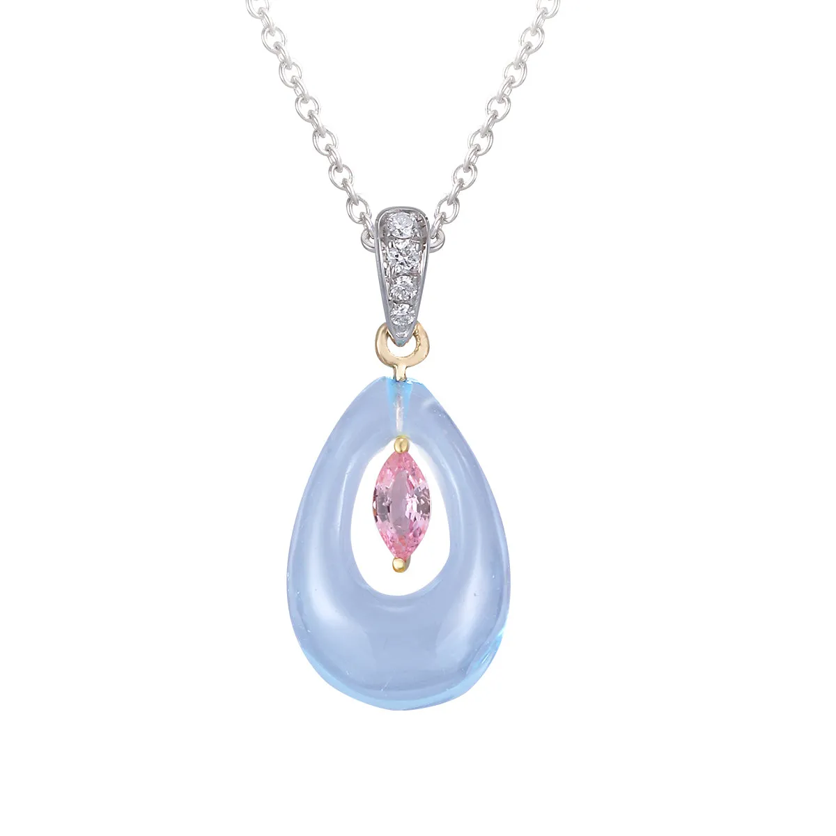 18k 2/Tone Pendant with 4 Diamonds .02ct, Pink Sapphire .11ct, Blue Topaz 3.15ct