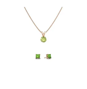 18K Rose Gold 3ct Peridot Round 18 Inch Necklace and Square Earrings Set Plated