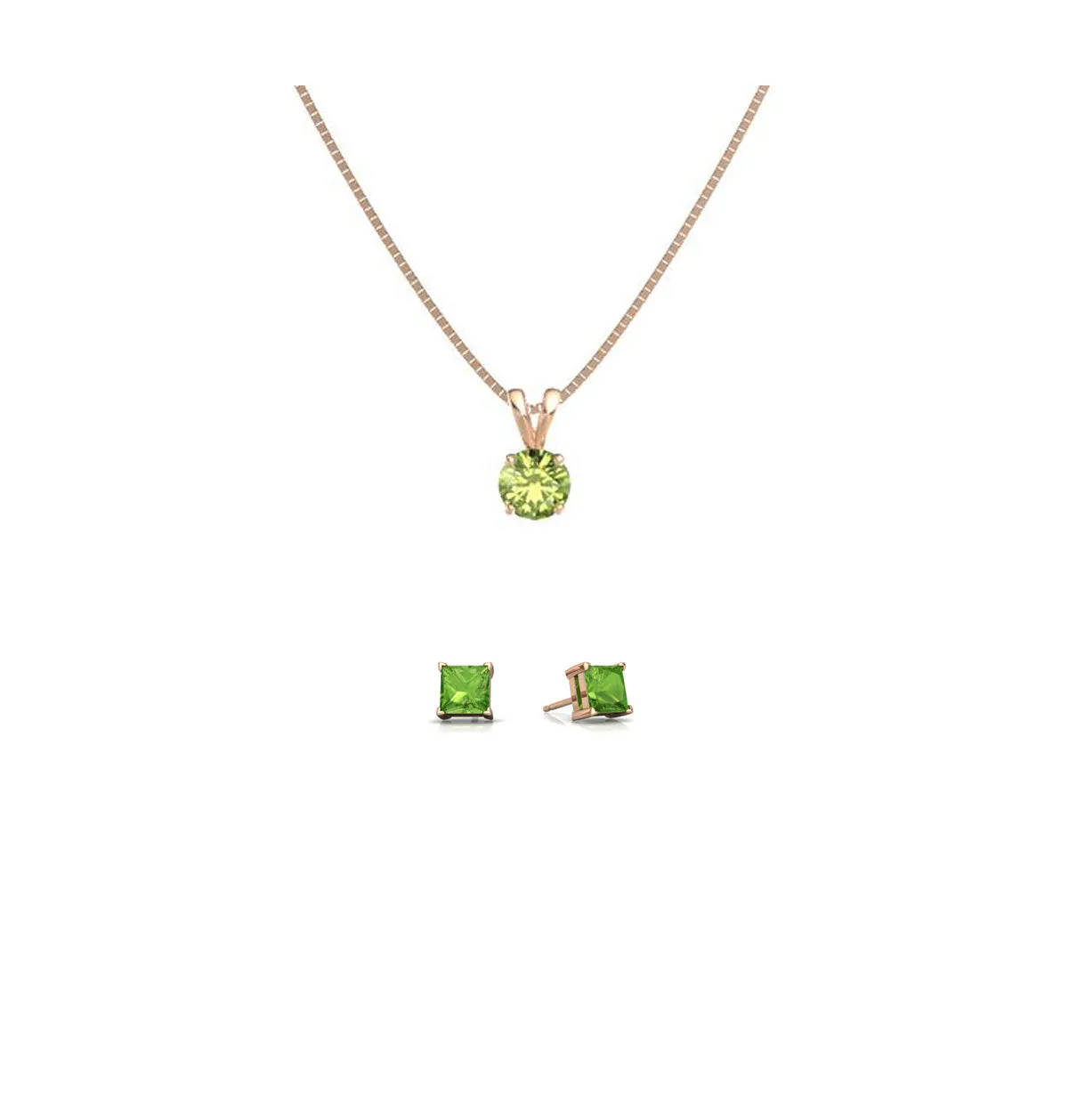 18K Rose Gold 3ct Peridot Round 18 Inch Necklace and Square Earrings Set Plated