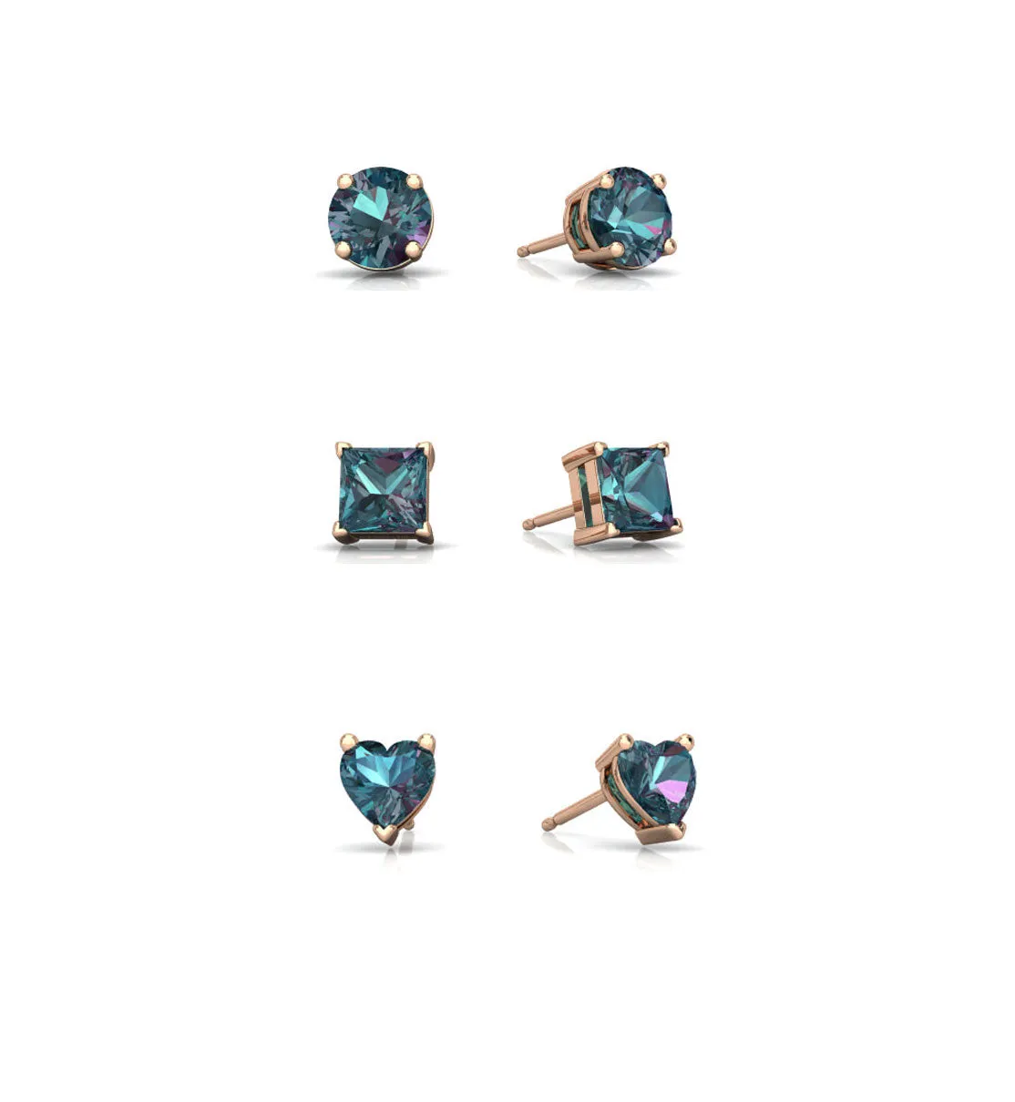 18k Rose Gold Plated 4Cttw Created Alexandrite 3 Pair Round, Square and Heart Stud Earrings