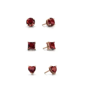 18k Rose Gold Plated 4Cttw Created Garnet 3 Pair Round, Square and Heart Stud Earrings