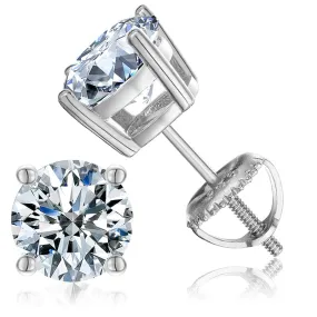 18K White Gold 4 Carat Round Moissanite Screw Back Stud Earrings Plated By Paris Jewelry