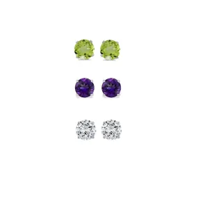 18k White Gold Plated 3Ct Created Peridot, Amethyst and White Sapphire 3 Pair Round Stud Earrings