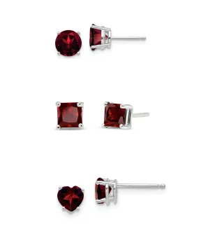 18k White Gold Plated 3Cttw 8mm Created Garnet 3 Pair Round, Square and Heart Stud Earrings