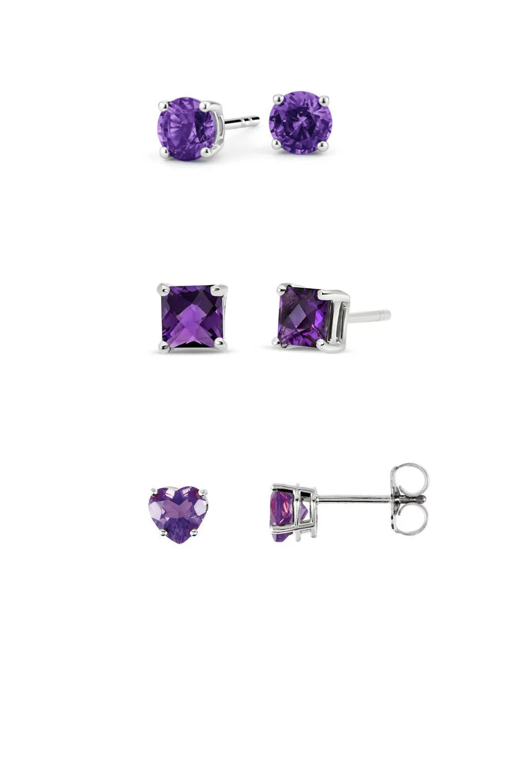 18k White Gold Plated 6mm Created Amethyst 3 Pair Round, Square and Heart Stud Earrings