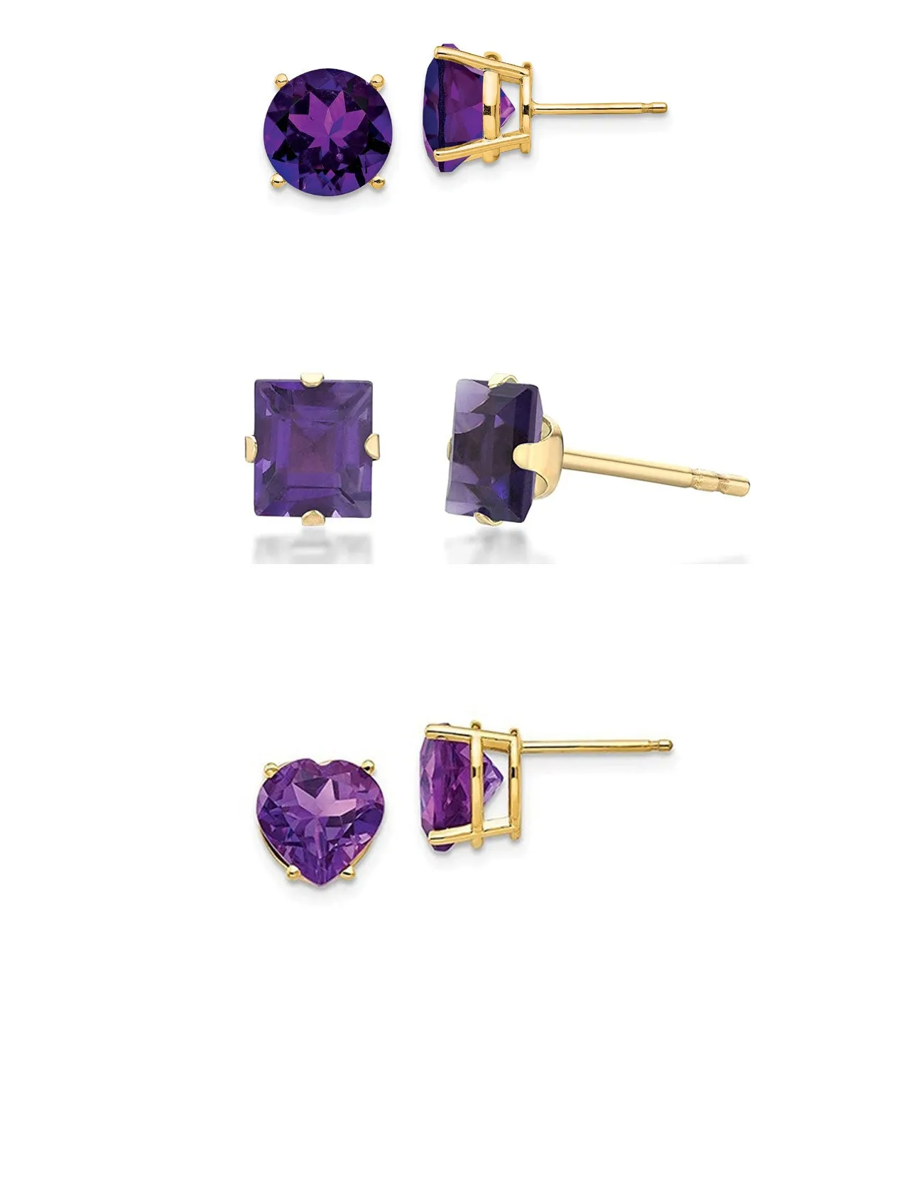 18k Yellow Gold Plated 1/4Cttw 4mm Created Amethyst 3 Pair Round, Square and Heart Stud Earrings