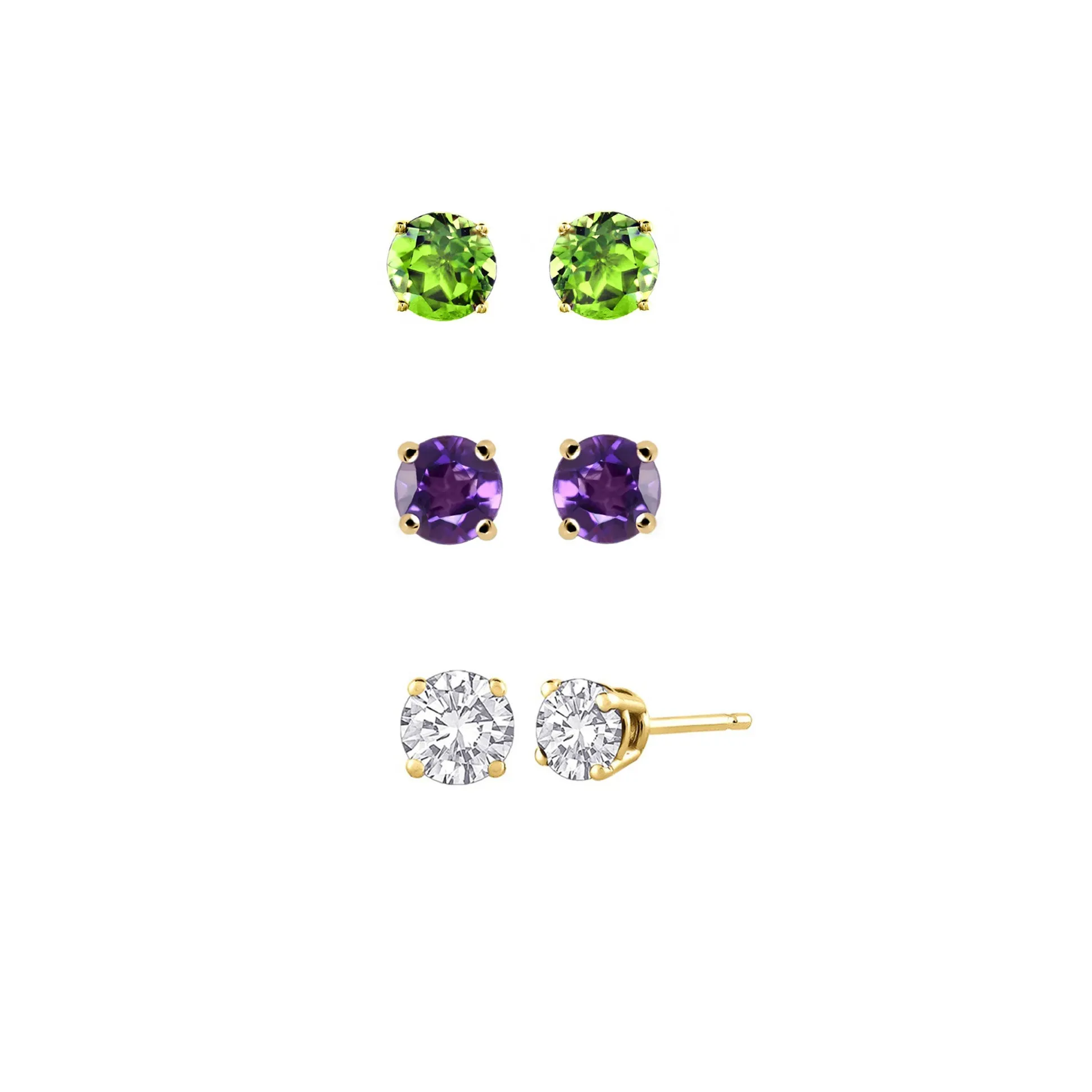 18k Yellow Gold Plated 2Ct Created Peridot, Amethyst and White Sapphire 3 Pair Round Stud Earrings