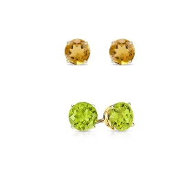 18k Yellow Gold Plated 3Ct Created Citrine and Peridot 2 Pair Round Stud Earrings