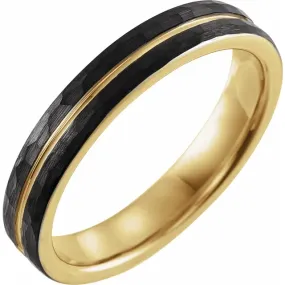 18K Yellow Gold PVD 4mm Hammered Textured Center Grooved Black PVD Tungsten Band