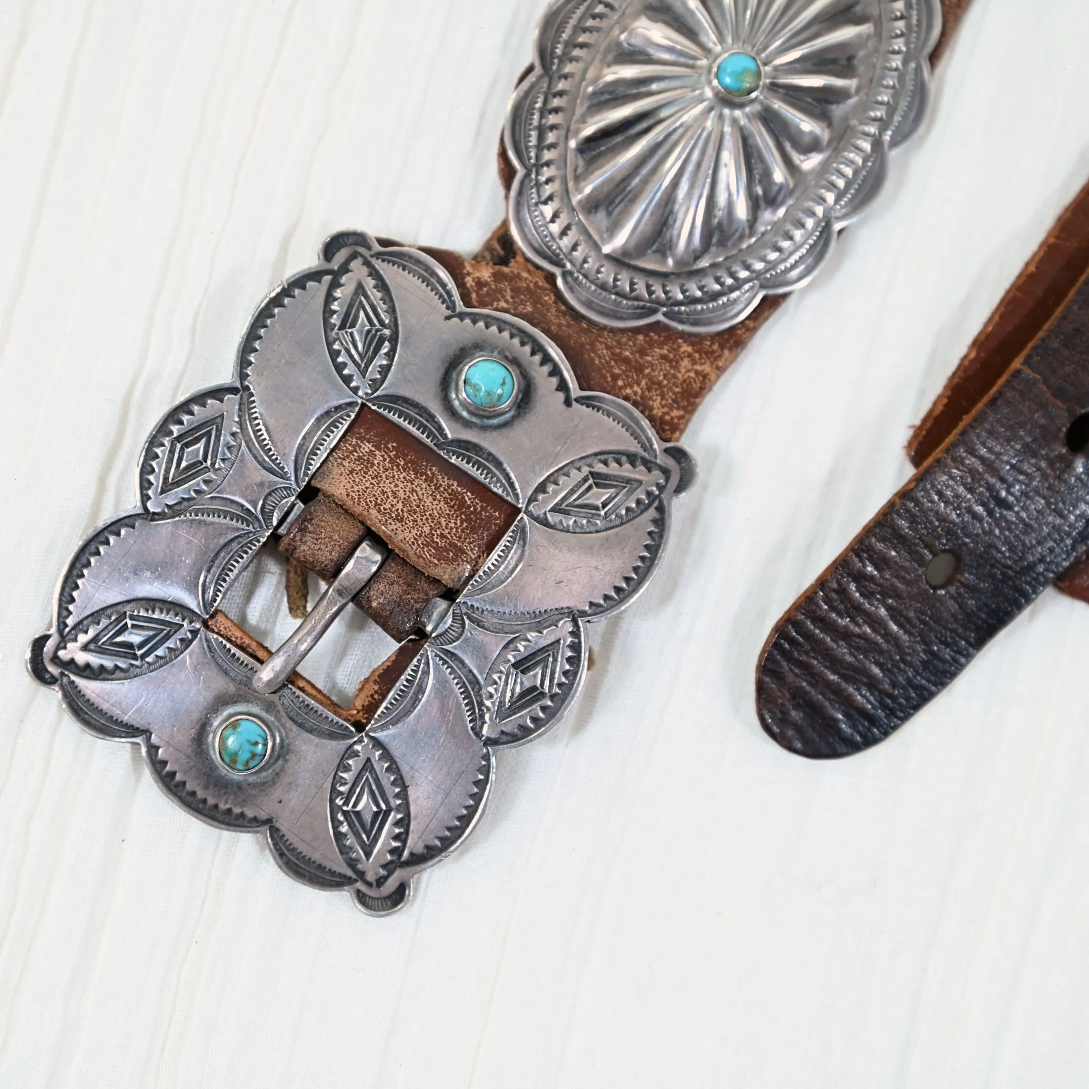 1930s Navajo Concho Belt, Hand Stamped Silver Turquoise Native American Belt, 31" L