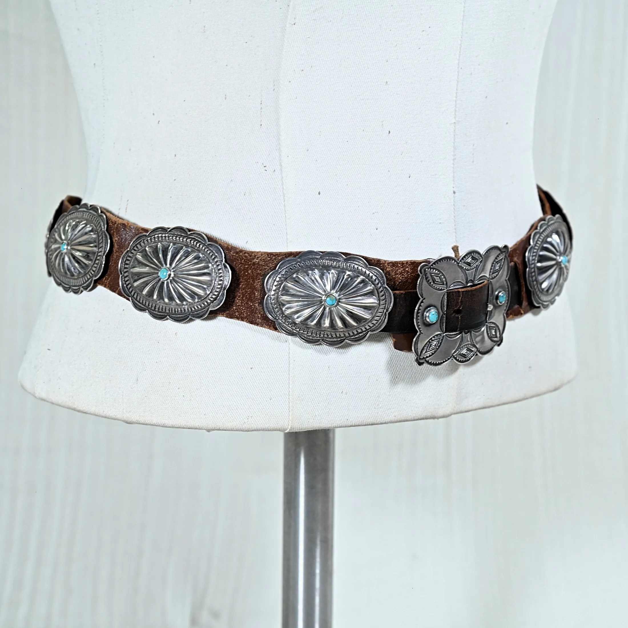 1930s Navajo Concho Belt, Hand Stamped Silver Turquoise Native American Belt, 31" L