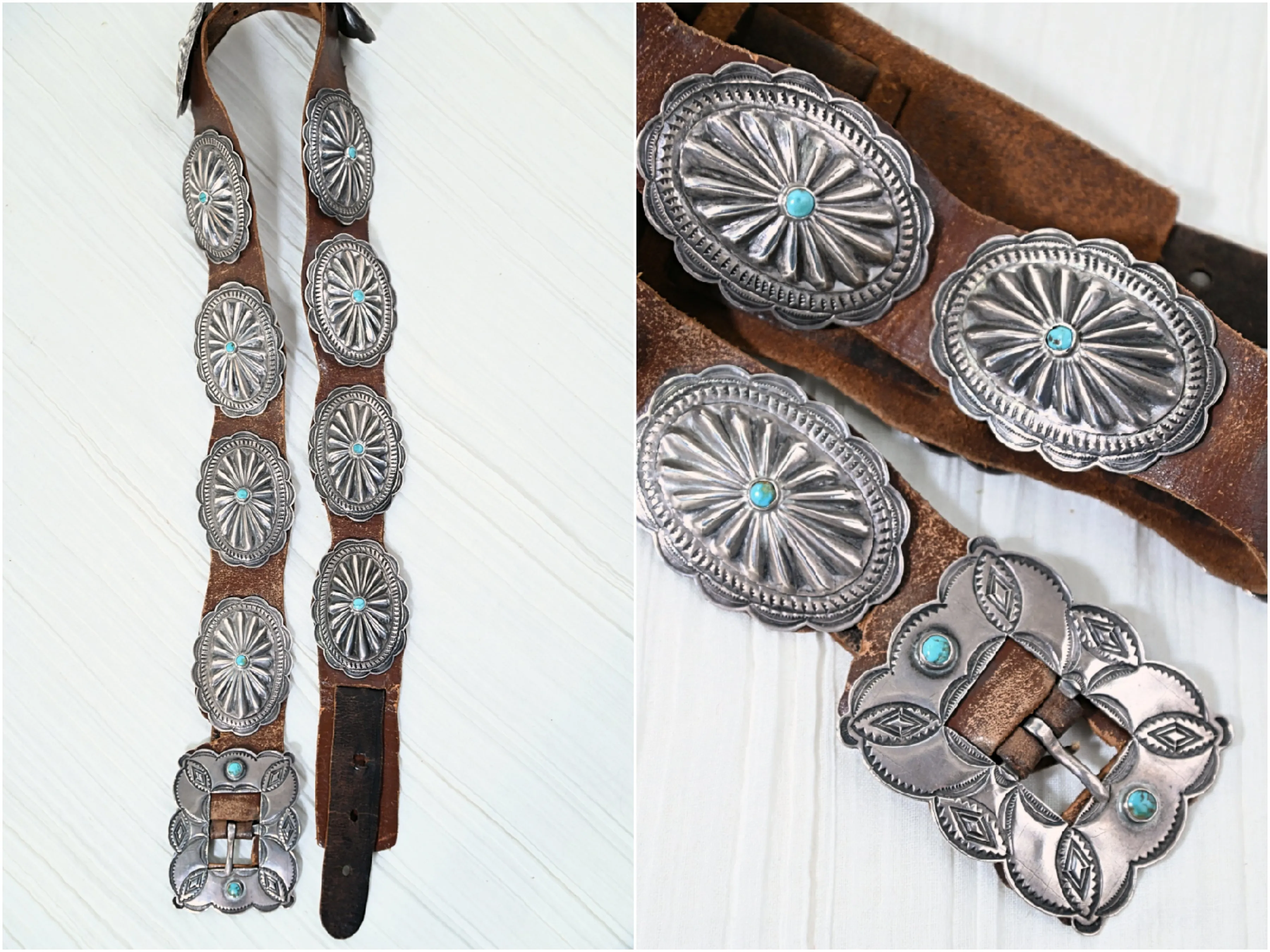 1930s Navajo Concho Belt, Hand Stamped Silver Turquoise Native American Belt, 31" L