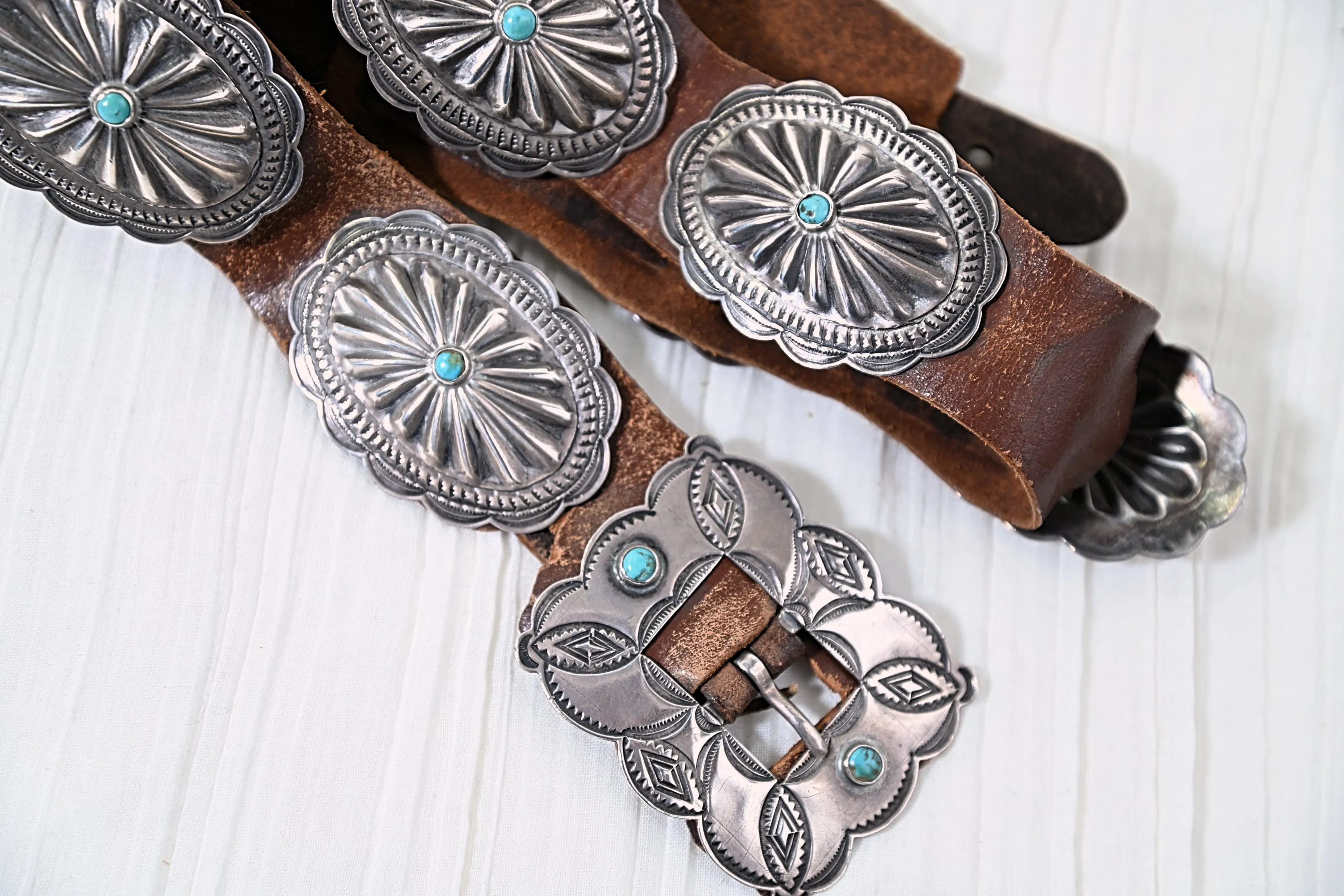 1930s Navajo Concho Belt, Hand Stamped Silver Turquoise Native American Belt, 31" L