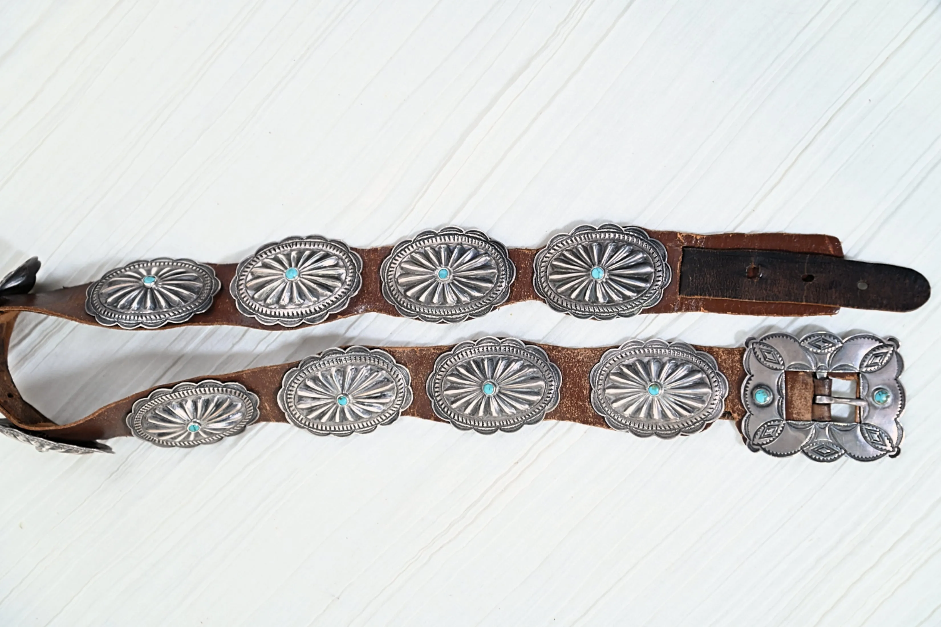 1930s Navajo Concho Belt, Hand Stamped Silver Turquoise Native American Belt, 31" L