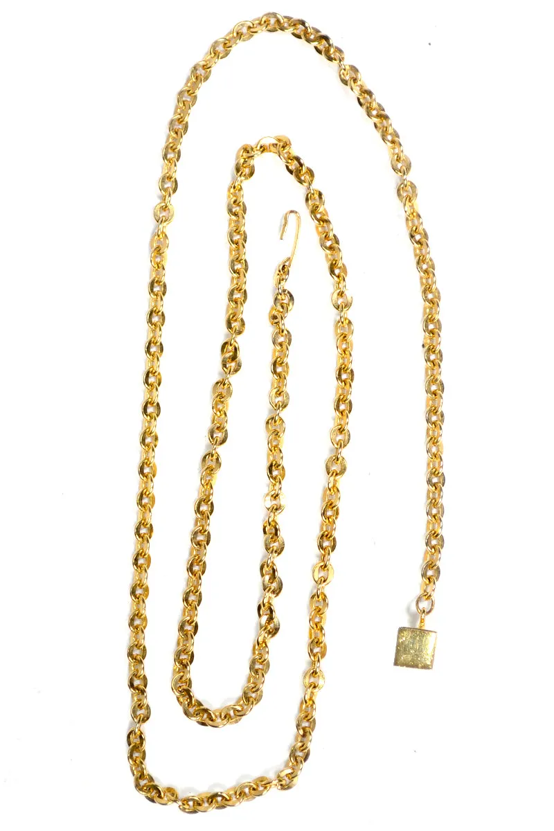 1970's Adjustable Gold Chain Link Belt or Necklace w/ Gold Cube