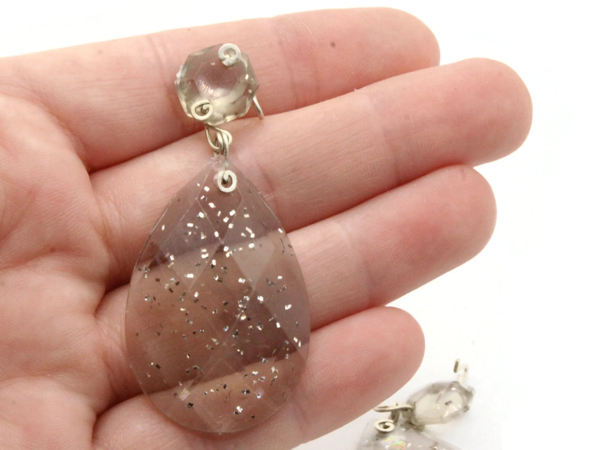 2 64mm Clear Gray with Embedded Glitter Vintage Plastic Drop Teardrop Pendant Chandelier Dangle