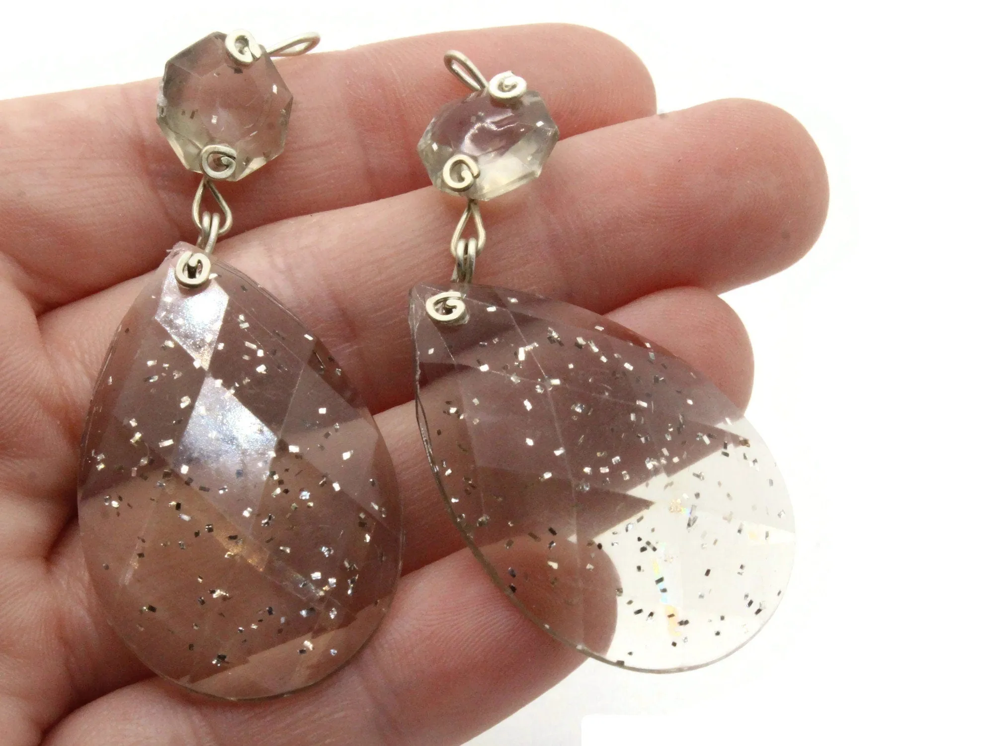 2 64mm Clear Gray with Embedded Glitter Vintage Plastic Drop Teardrop Pendant Chandelier Dangle