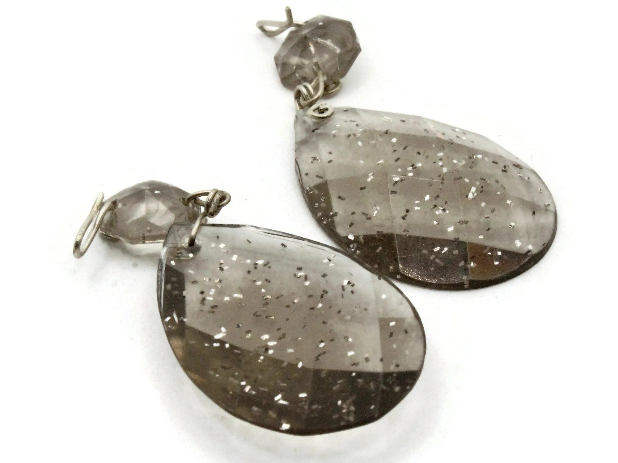 2 64mm Clear Gray with Embedded Glitter Vintage Plastic Drop Teardrop Pendant Chandelier Dangle