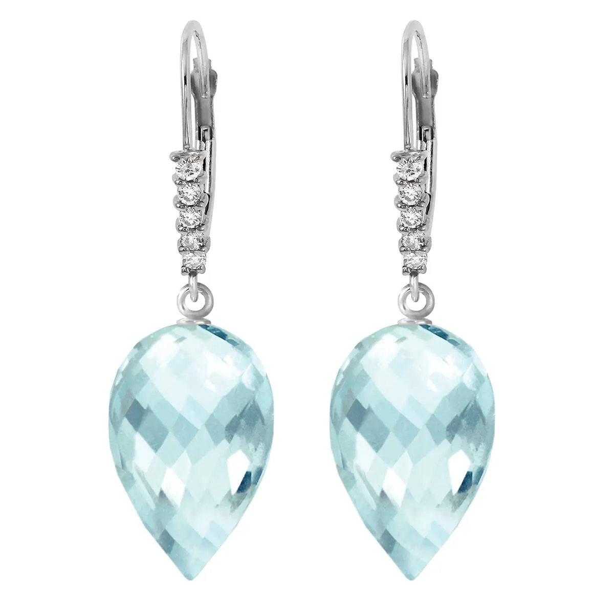 22.65 Carat 14K Solid White Gold Drop Briolette Blue Topaz Diamond Earrings