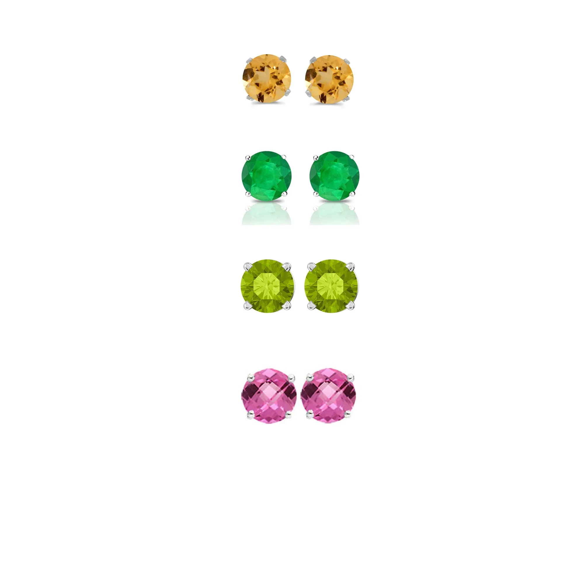 24k White Gold Plated 1/2Ct Created Citrine, Emerald, Peridot and Pink Sapphire 4 Pair Round Stud Earrings