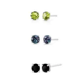 24k White Gold Plated 2Ct Created Peridot, Alexandrite and Black Sapphire 3 Pair Round Stud Earrings