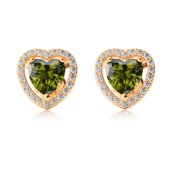 24k Yellow Gold Plated 1 Ct Created Halo Heart Peridot Stud Earrings