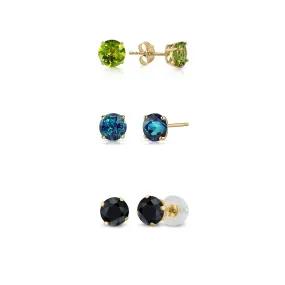 24k Yellow Gold Plated 1/2Ct Created Peridot, Alexandrite and Black Sapphire 3 Pair Round Stud Earrings