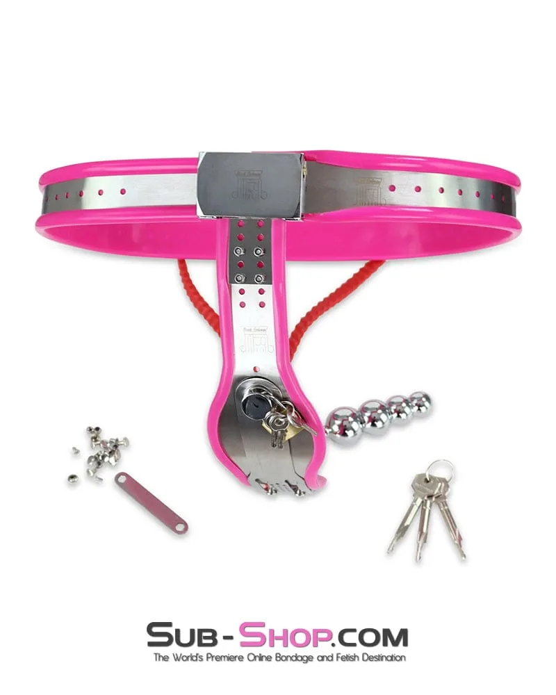 2527DL      Prized Pet Pink Rubber Lined Locking Female Chastity Belt with Steel Anal Plug