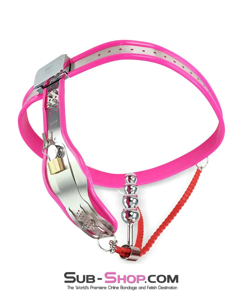 2527DL      Prized Pet Pink Rubber Lined Locking Female Chastity Belt with Steel Anal Plug