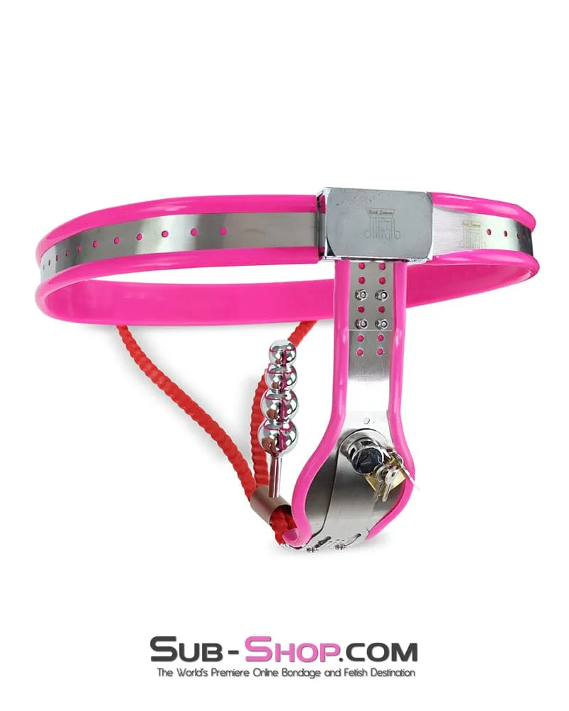 2527DL      Prized Pet Pink Rubber Lined Locking Female Chastity Belt with Steel Anal Plug