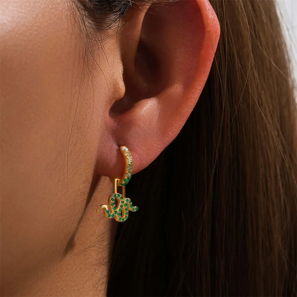 925 Silver Green Snake Sparkling Drop Huggie Earrings CZ Diamond