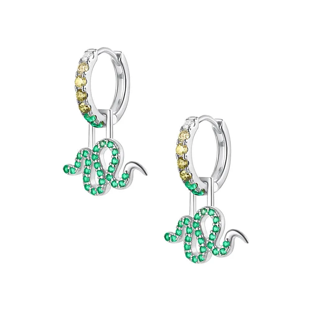 925 Silver Green Snake Sparkling Drop Huggie Earrings CZ Diamond