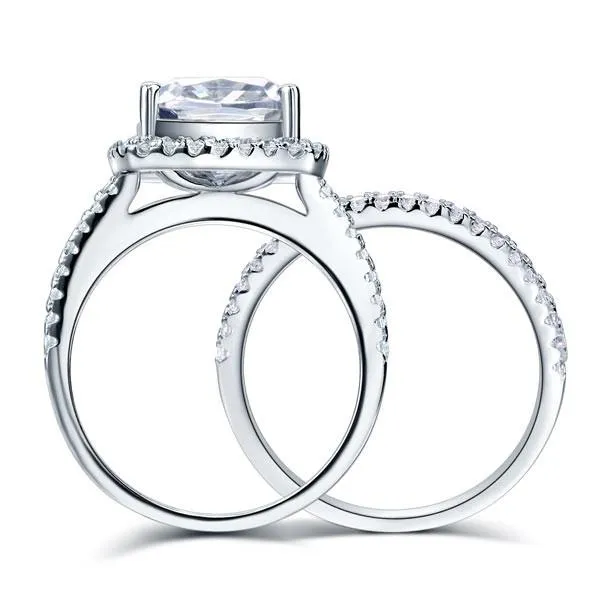 925 Sterling Silver Wedding Halo Ring Set 2 Carat Simulated Diamond