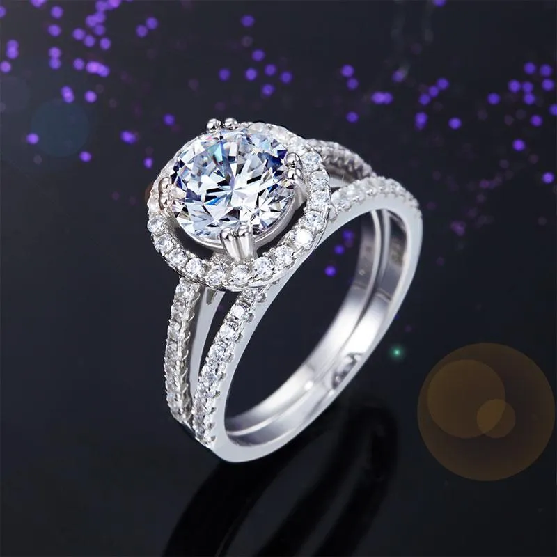 925 Sterling Silver Wedding Halo Ring Set 2 Carat Simulated Diamond