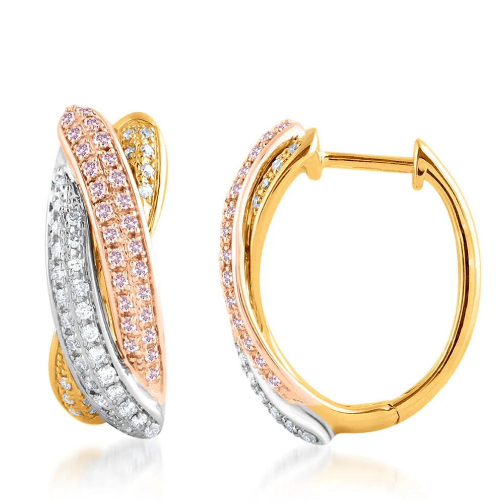 9ct  White Yellow and Rose Gold  3/4 Carat Diamond Earrings With Pink Argyle Diamonds