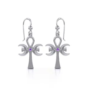 A breath of life ~ Sterling Silver Triple Goddess Ankh Hook Earrings with Gemstone TER1708