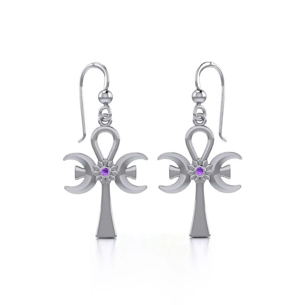 A breath of life ~ Sterling Silver Triple Goddess Ankh Hook Earrings with Gemstone TER1708