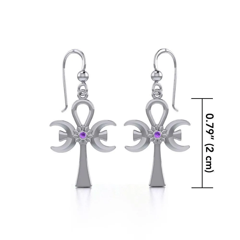 A breath of life ~ Sterling Silver Triple Goddess Ankh Hook Earrings with Gemstone TER1708