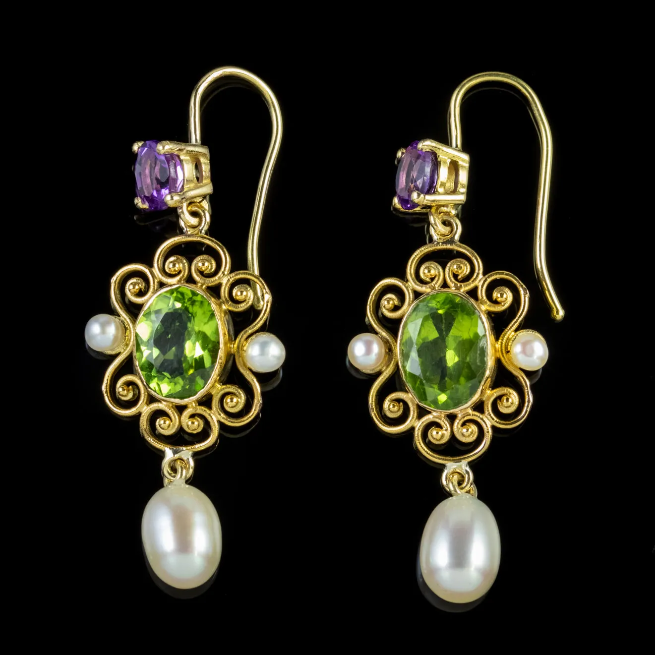 Antique Edwardian Suffragette Peridot Pearl Drop Earrings 18Ct Gold Circa 1915