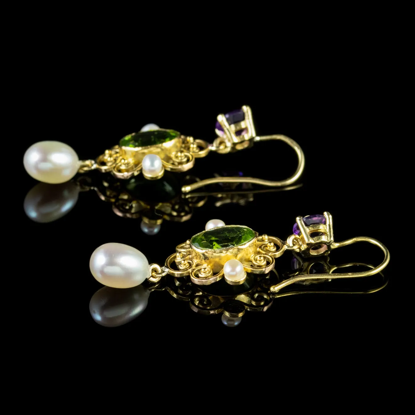 Antique Edwardian Suffragette Peridot Pearl Drop Earrings 18Ct Gold Circa 1915