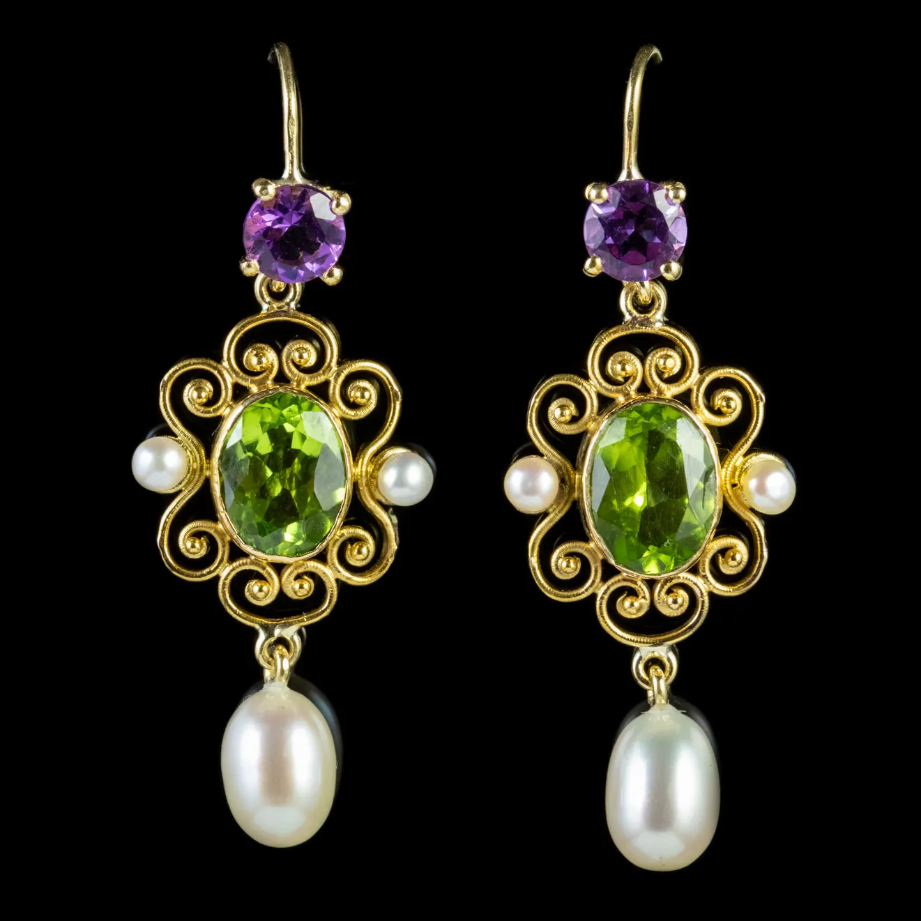 Antique Edwardian Suffragette Peridot Pearl Drop Earrings 18Ct Gold Circa 1915