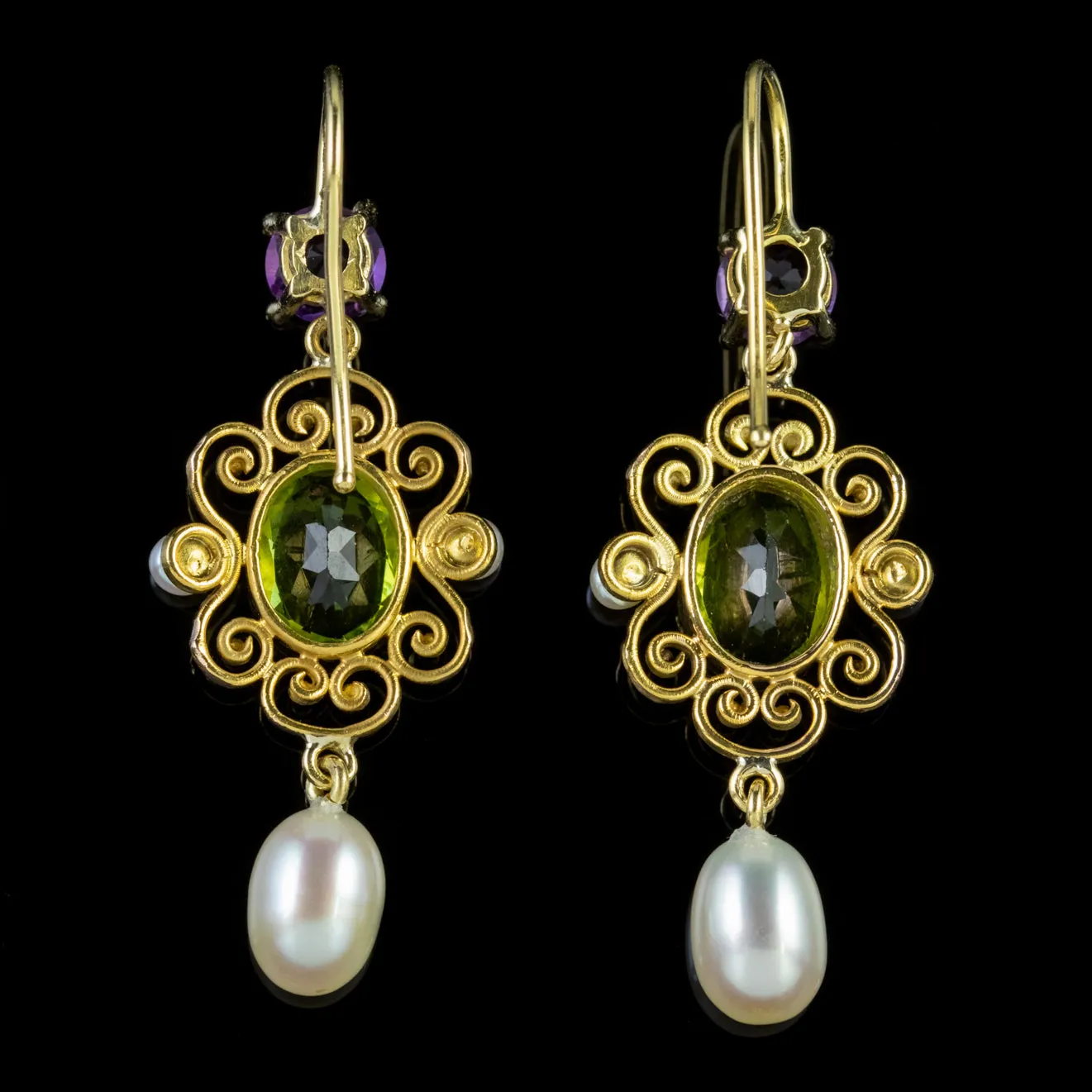 Antique Edwardian Suffragette Peridot Pearl Drop Earrings 18Ct Gold Circa 1915