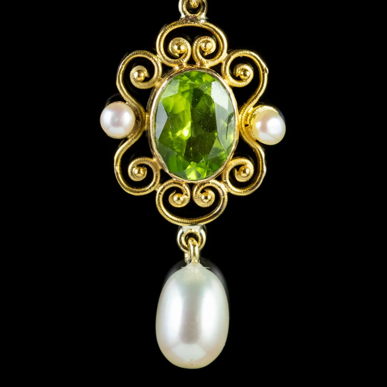 Antique Edwardian Suffragette Peridot Pearl Drop Earrings 18Ct Gold Circa 1915