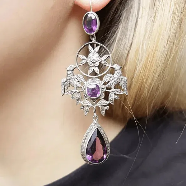 Antique French Edwardian Silver Amethyst Marcasite Drop Gemstone Earrings