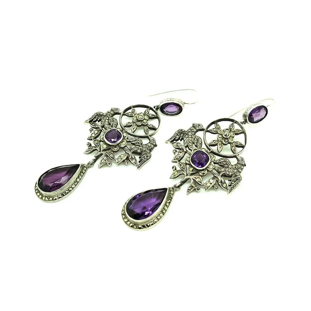 Antique French Edwardian Silver Amethyst Marcasite Drop Gemstone Earrings