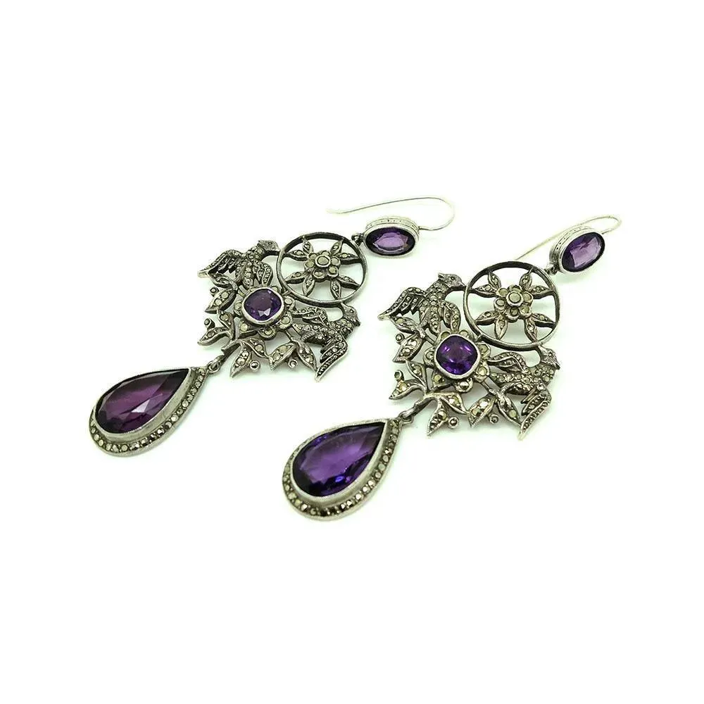 Antique French Edwardian Silver Amethyst Marcasite Drop Gemstone Earrings