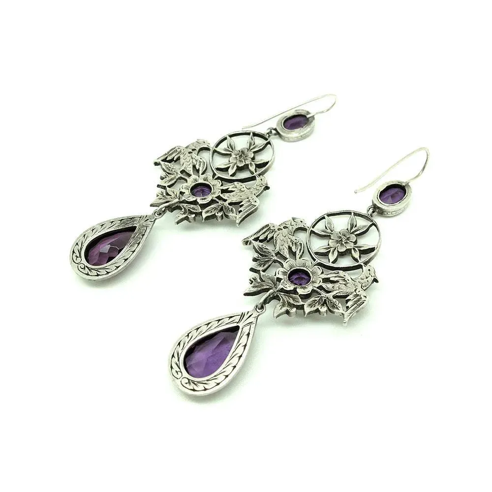 Antique French Edwardian Silver Amethyst Marcasite Drop Gemstone Earrings