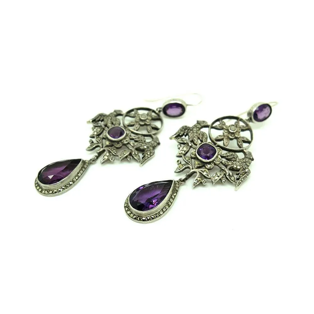 Antique French Edwardian Silver Amethyst Marcasite Drop Gemstone Earrings