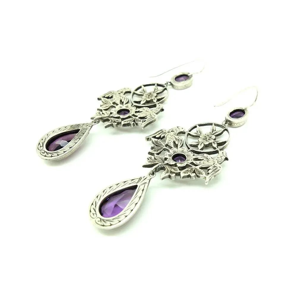 Antique French Edwardian Silver Amethyst Marcasite Drop Gemstone Earrings