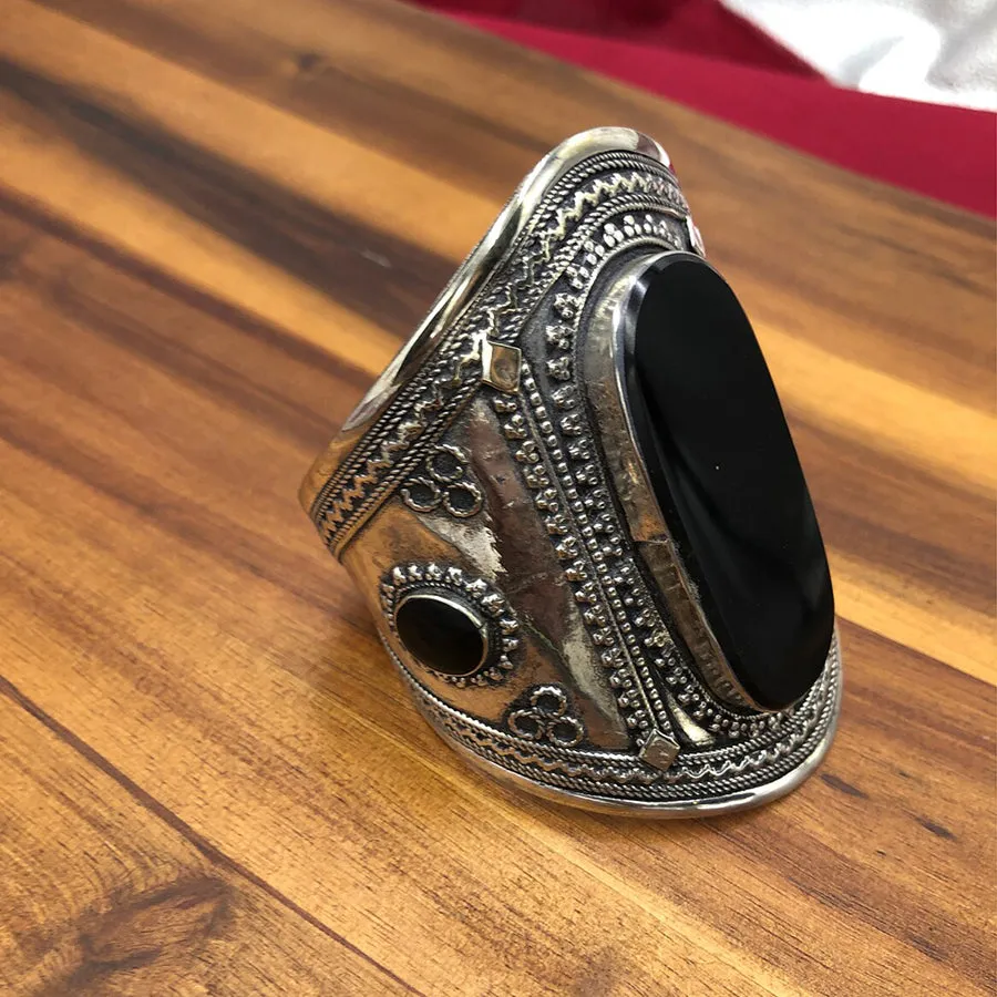 Antique Tribal Silver Black Stone Cuff Bracelet